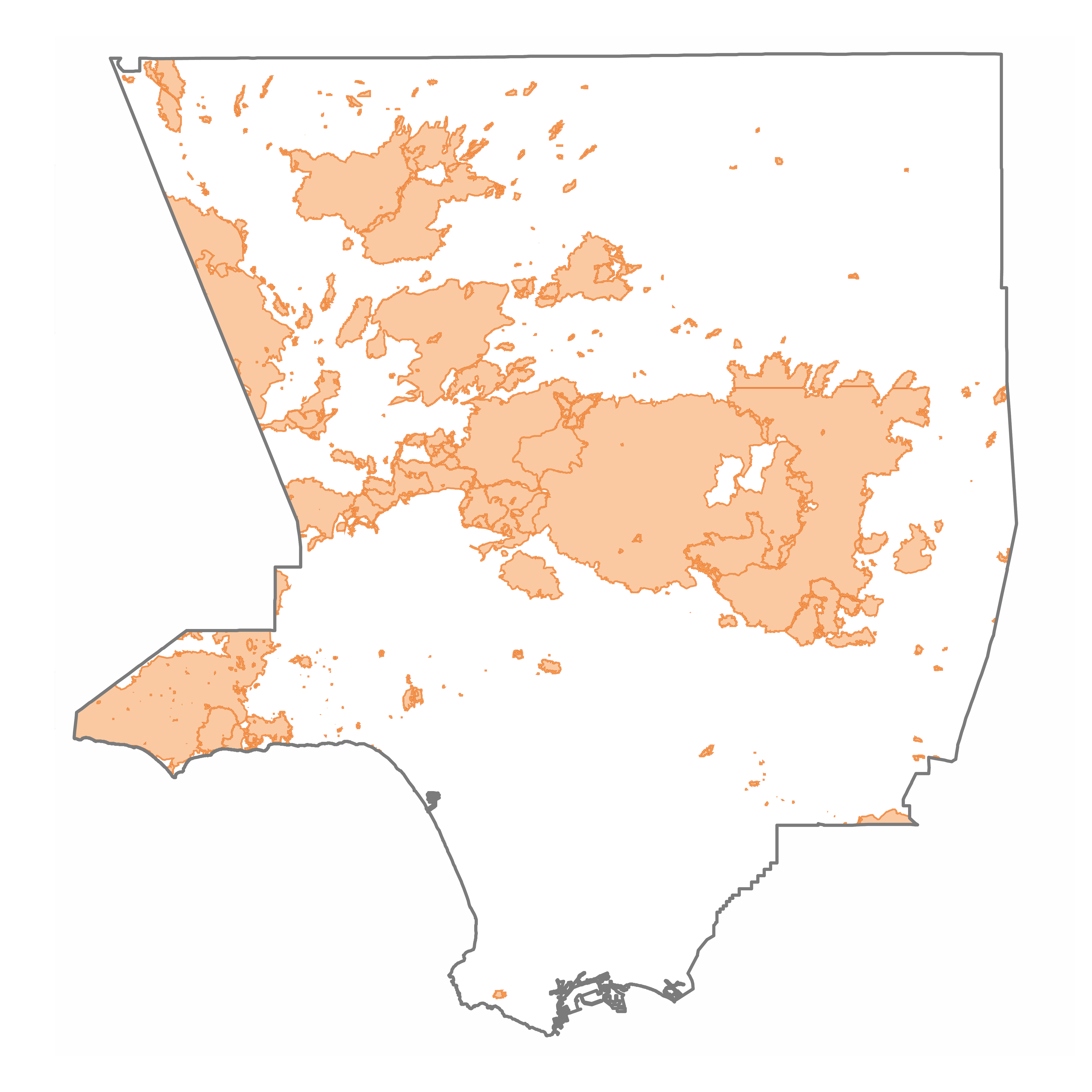 A map of LA county that showcases areas affected by wildfires, shaded orange. 